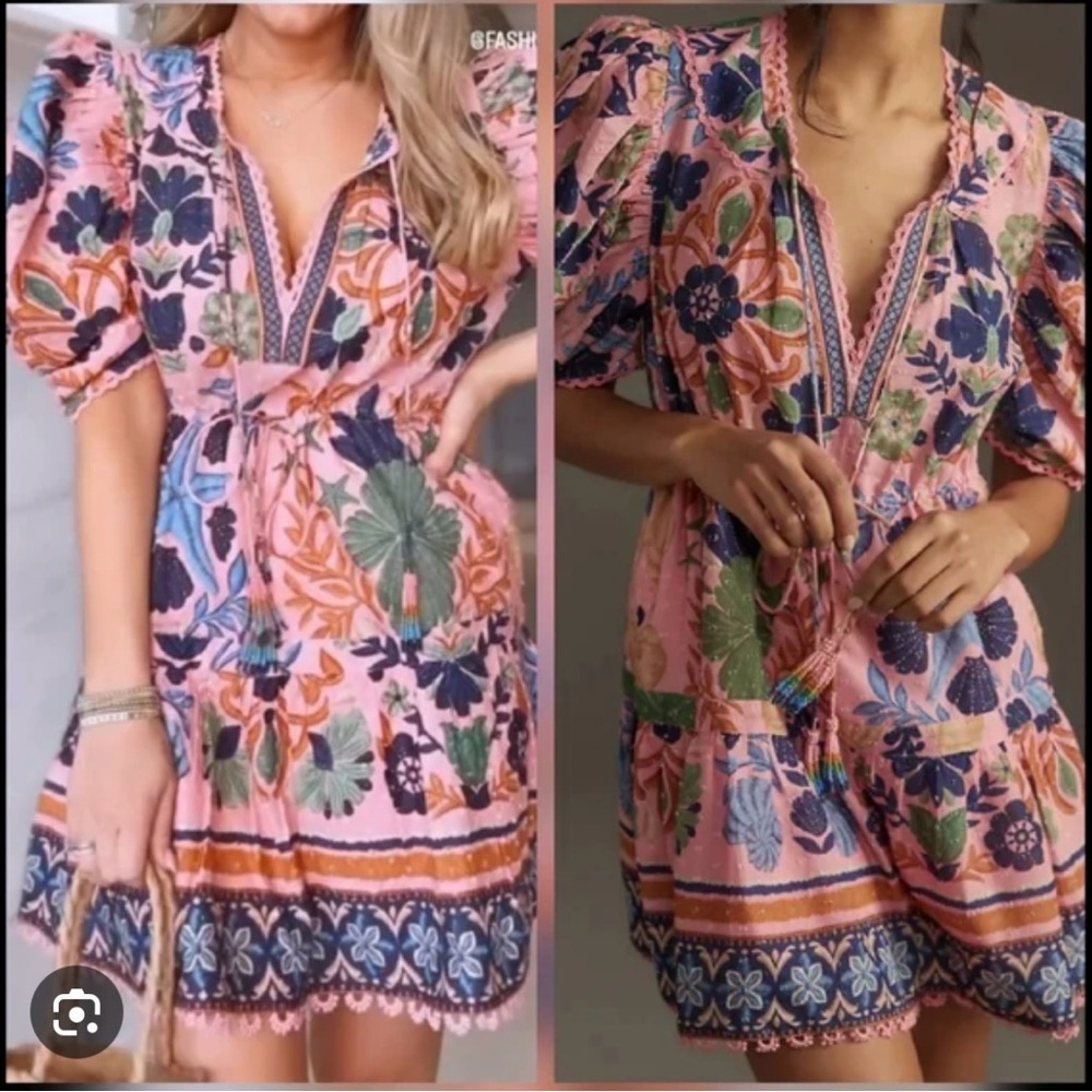 FARM Rio Seashell Tapestry Cotton Pink Floral Mini Dress with Puff Sleeves
